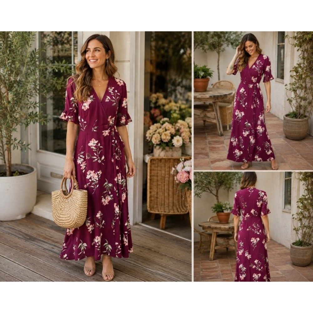Lulus Burgundy Floral Wrap Maxi Dress Short Flutter Sleeve V-Neck Wine Medium